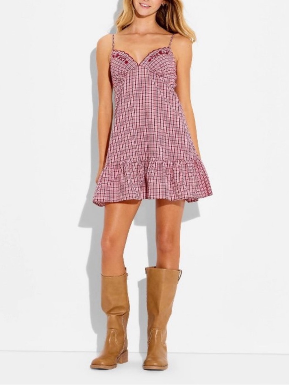 Wild Fable Mini Sun Dress Red White Check Plaid Embroidery Ruffle Size Small NWT